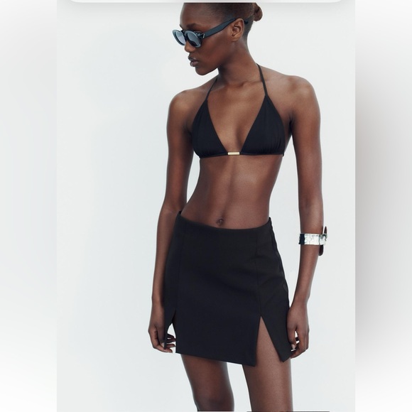 Zara Black high waist Skort Short With Side Satin Effect Band Front slits S NWT - Picture 12 of 13